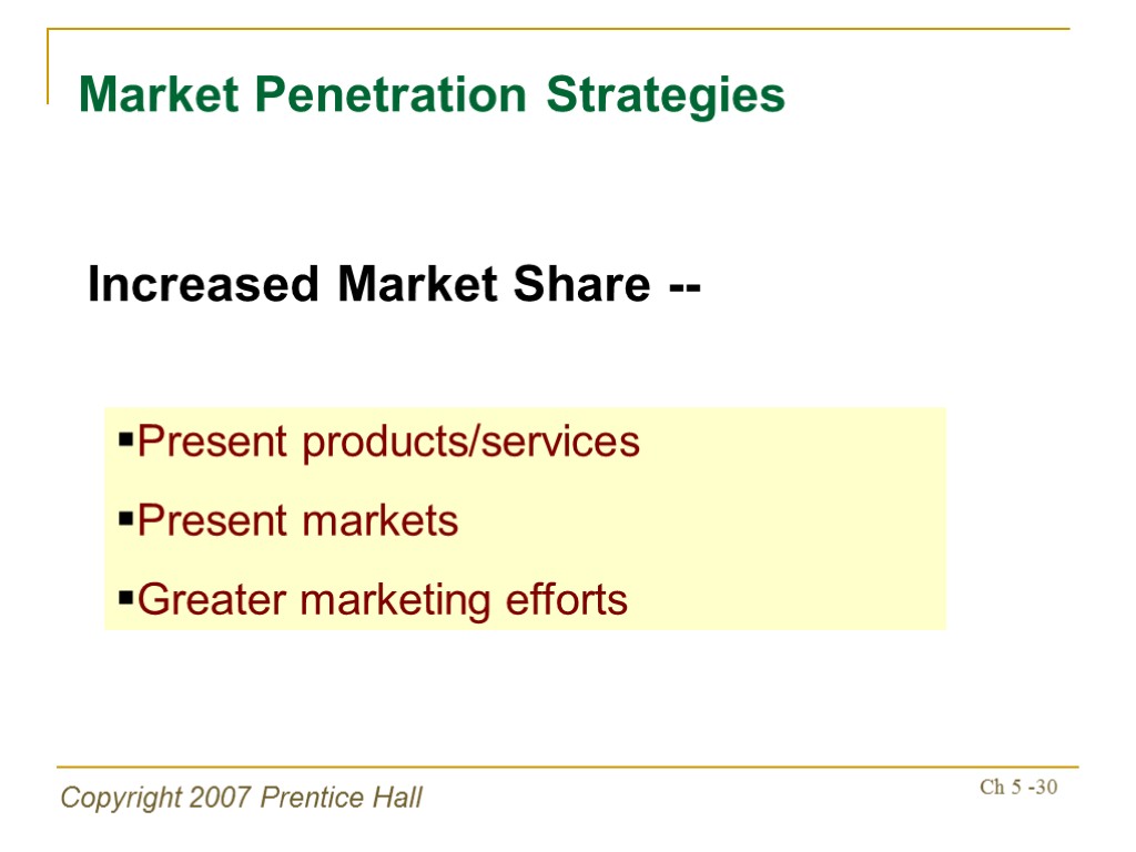 Copyright 2007 Prentice Hall Ch 5 -30 Market Penetration Strategies Increased Market Share --